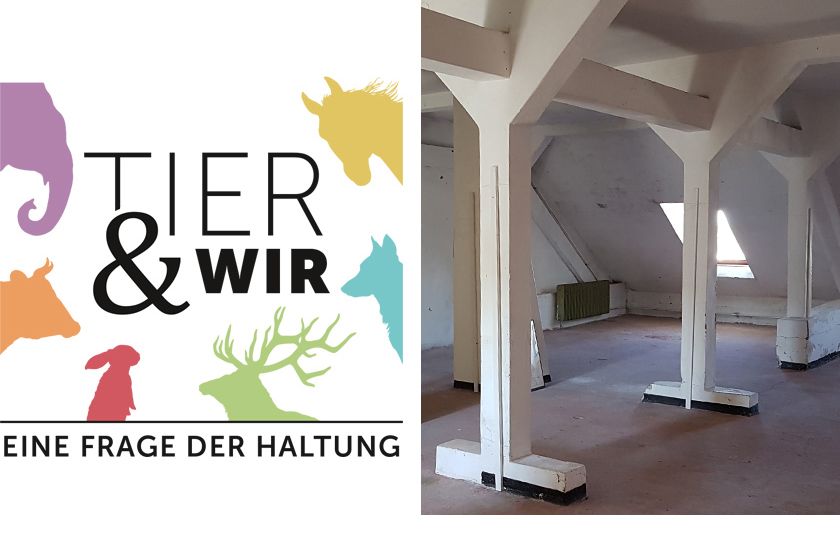 Links: Logo der Ausstellung Tier & Wir die 2023 in Euskirchen geplant ist; rechts: Blick in den Raum der zukünftigen Gedenkstätte Französische Kapelle in Soest